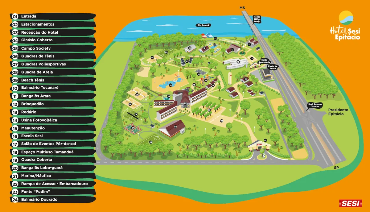 Mapa ilustrado do Hotel SESI Epitácio com legenda numerada das instalações (recepção, ginásio, quadras, bangalôs, balneário, marina, ponte etc.).