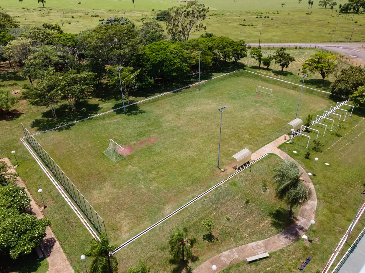 Vista aérea do campo de futebol gramado cercado por árvores